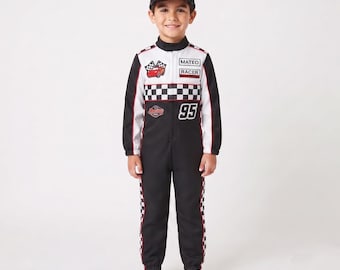 Kids Black and White Race Car Driver Costume, Personalized Racing Jumpsuit, Custom Number, Optional Hat in 2 Colors