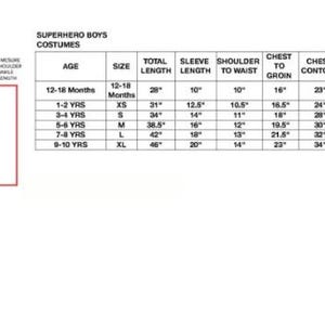May include: Size chart for superhero costumes for boys. The chart shows sizes from 12-18 months to 8-10 years, with corresponding measurements for total length, sleeve length, shoulder to waist, chest to groin, chest contour, and waist in inches.