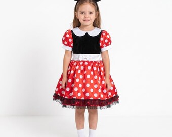 Girls Red Polka Dot Mouse Costume with Ears Headband, Toddler Mouse Dress, Birthday Party Outfit, Halloween Costume for Girls