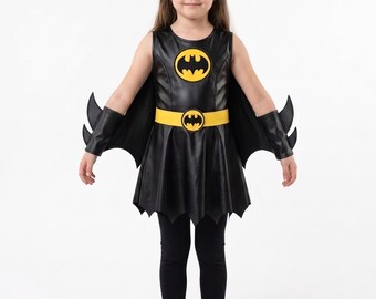 Kids Black Bat Hero Girl Costume with Mask and Cape, Superhero Dress Up Outfit, Halloween Costume for Girls