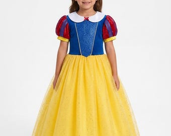 Snow White Inspired Princess Dress for Girls, Yellow Blue Red Costume, Classic Fairytale Birthday Dress, Halloween Party Outfit
