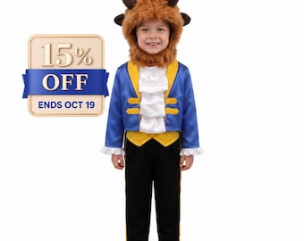 May include: A costume featuring a blue jacket with yellow trim, a white ruffled shirt, and black trousers. The headpiece is a brown faux fur hood with dark brown horns. A square graphic to the left displays the text 15% OFF ENDS OCT 19.