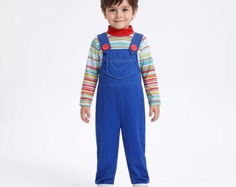 Scary Doll Costume for Kids, Creepy Doll Halloween Outfit, Blue Overalls Striped Shirt Costume, Boys Girls Horror Dress Up