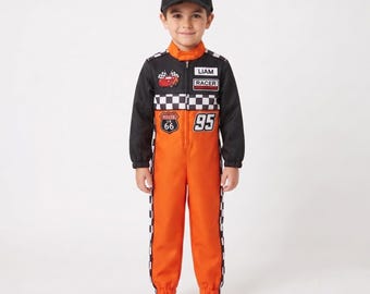 Kids Orange and Black Race Car Driver Costume, Personalized Racing Jumpsuit, Custom Number, Optional Black Hat