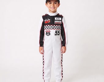 Kids Black and White Race Car Driver Costume, Personalized Racing Jumpsuit, Custom Number, Optional White or Black Hat