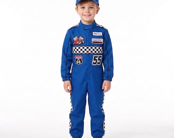 Kids Blue Race Car Driver Costume, Personalized Racing Jumpsuit for Boys and Girls, Custom Number Halloween Driver Outfit