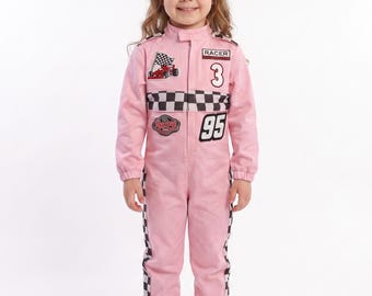 Kids All Pink Race Car Driver Costume, Personalized Racing Jumpsuit, Custom Number, Optional Pink or Black Hat