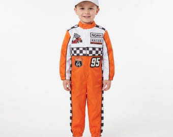 Kids Orange and White Race Car Driver Costume, Personalized Racing Jumpsuit, Custom Number, Optional Hat in 2 Colors