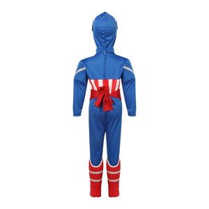 May include: A blue and red superhero costume for kids. The costume features a red cape, a blue jumpsuit with a white star, and red boots.