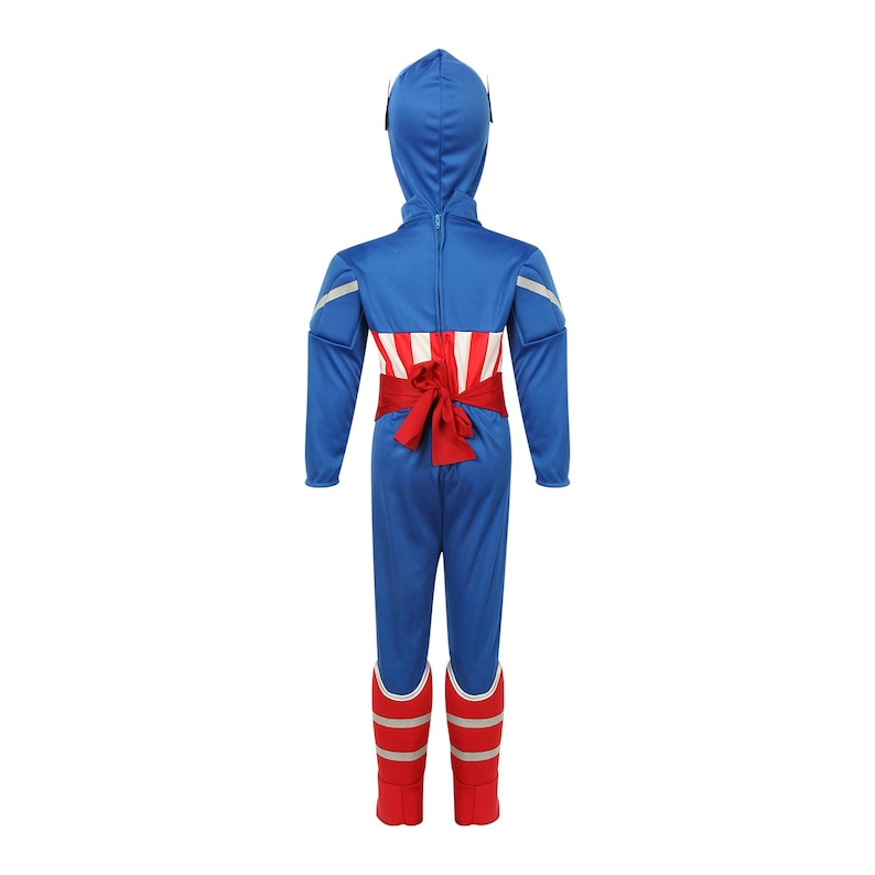 May include: A blue and red superhero costume for kids. The costume features a red cape, a blue jumpsuit with a white star, and red boots.