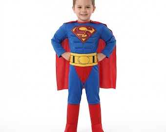 Kids Blue Red Superhero Costume with Cape, Padded Muscle Jumpsuit, Boys Halloween Dress Up Outfit, Birthday Party Hero Costume