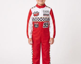 Kids Red and White Race Car Driver Costume, Personalized Racing Jumpsuit, Custom Number, Optional Red or White Hat