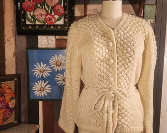 Beautiful off white 70s does 30s puff sleeve popcorn knit sweater cardigan volup boho vintage