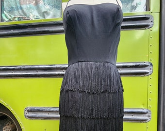 Designer JAY Harbert black fringe coctail flapper dress small 60s 1960s late 50s 1950s