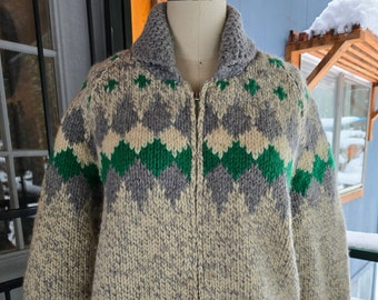 Rare 1950s western wool shawl collar Cowichan sweater with harlequin print unisex rockabilly