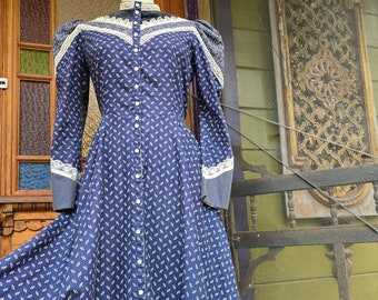 Puede incluir: Un vestido largo de manga larga azul y blanco con estampado floral, ribete de encaje y cierre de botones en la parte delantera. El vestido tiene una falda completa y mangas abullonadas.