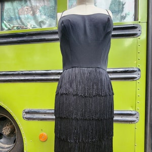 Designer JAY Harbert black fringe coctail flapper dress small 60s 1960s late 50s 1950s image 1