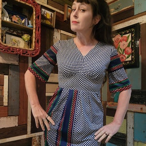 70s 1970 checkered print and colorful maxi slinky Polyester maxi dress