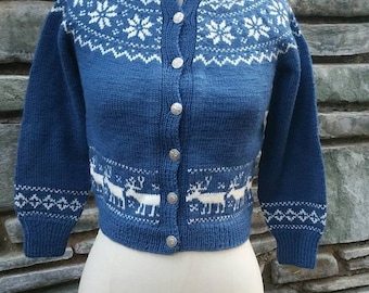 amazing handmade 50s 1950s wool button up sweater made in norway deer buck pinup bombshell snowflakes