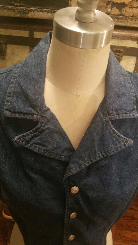 70s denim vest with collar western indigo large b… - image 5