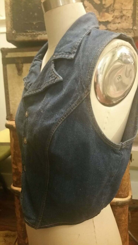 70s denim vest with collar western indigo large b… - image 4