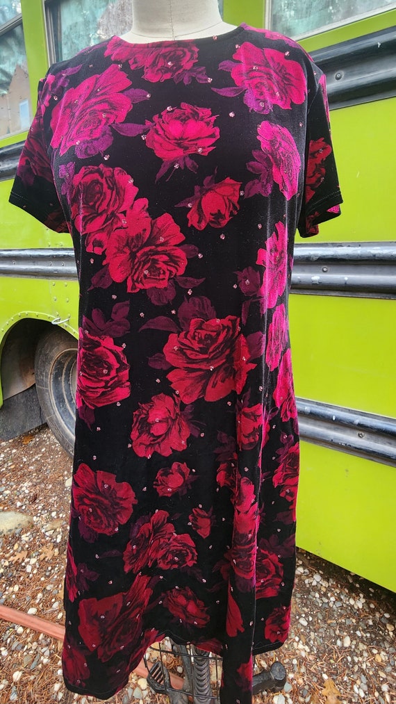 90s 1990s rose print floral velvet rhinestone dre… - image 5