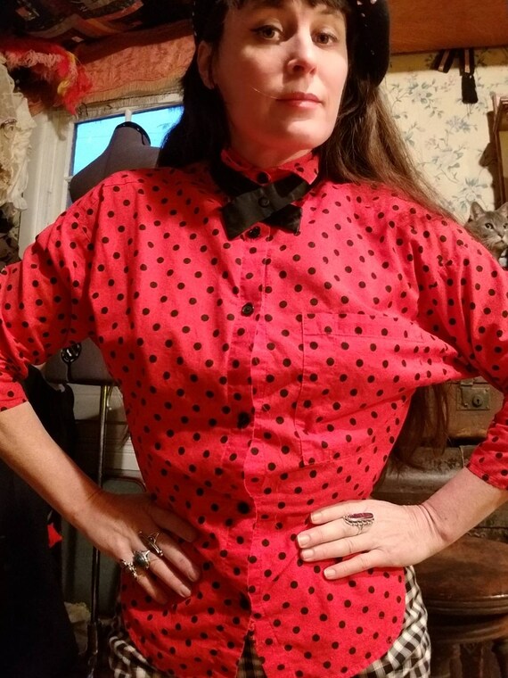 80s 1980s red and black polka dot dolman sleeve sh