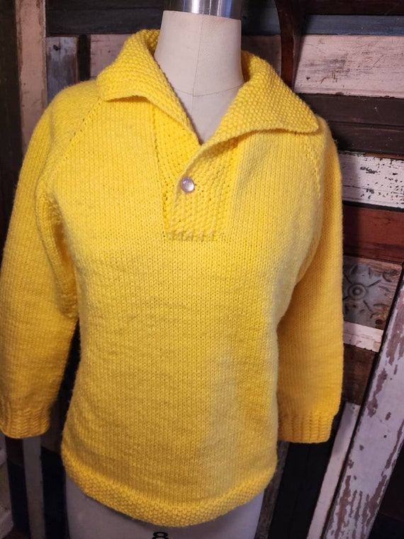 Bright canary yellow shawl collar homemade knit s… - image 2