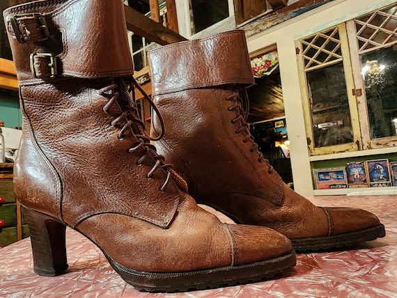 Designer Ralph Lauren brown leather buckle granny boots made in Italy rare designer 90s