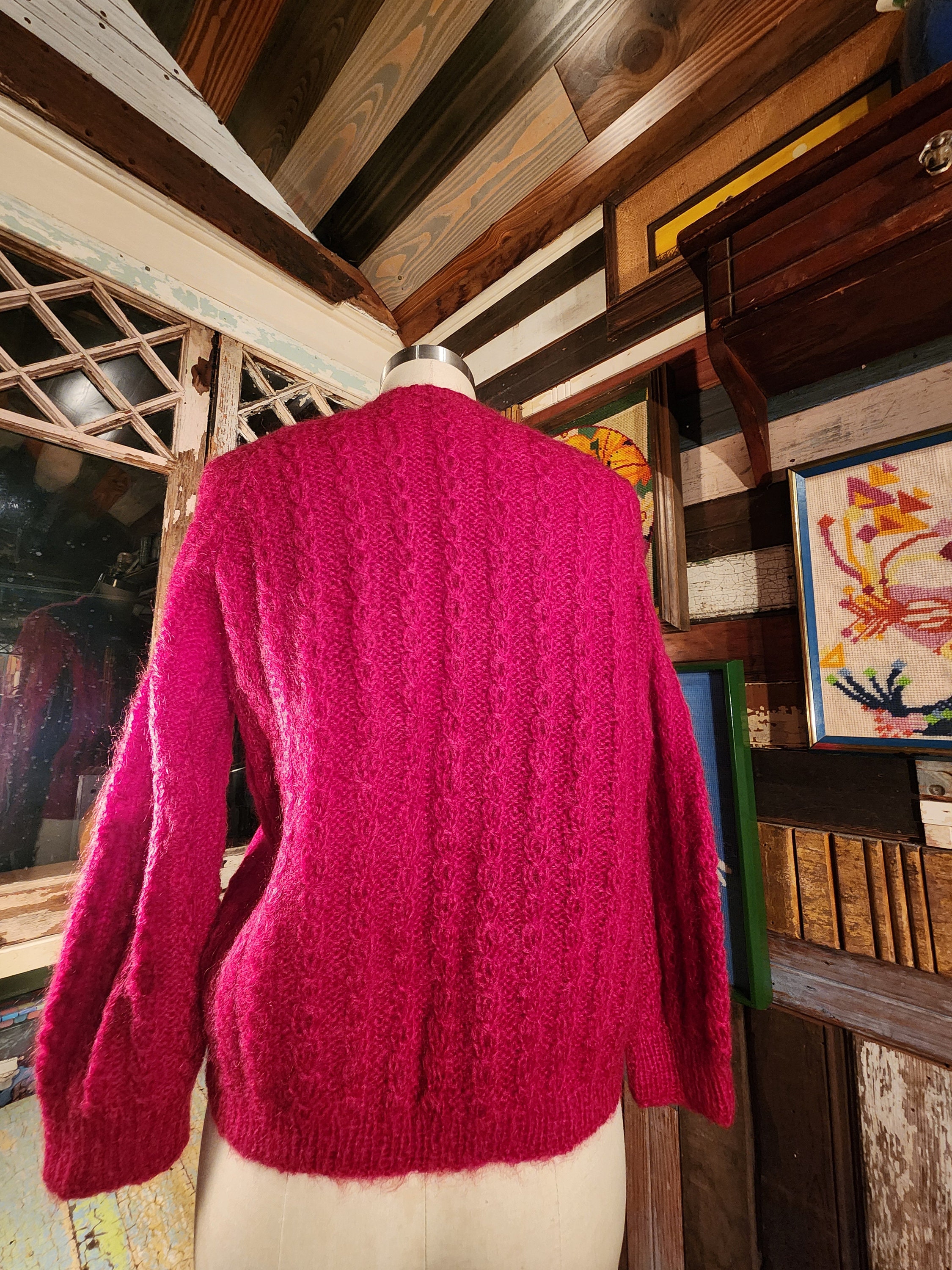 1950s 50s Handmade Cardigan Knit Mohair Sweater Red Pinup