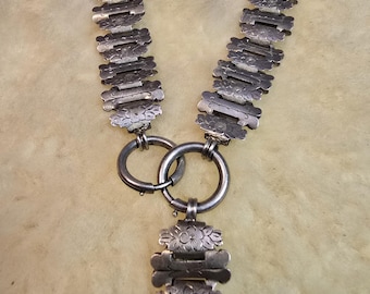 Antique Victorian book chain silver necklace primitive rare engraved late 1800s sterling