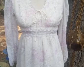 70s gunne sax style prairie cottage core cotton lace maxi dress gown floral print