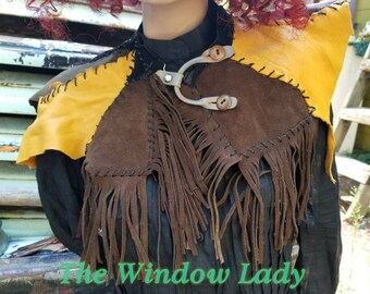 The Window Lady Patchwork capelet cape collar buckskin suede leather upcycled androgynous tribal fringe festival ooak burningman recycled