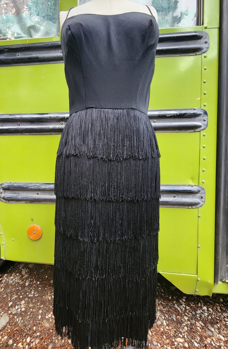 Designer JAY Harbert black fringe coctail flapper dress small 60s 1960s late 50s 1950s image 7