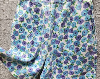 Floral blue and purple print high waisted fruit of the loom vintage 50s 60s shorts mod rockabilly hippie flowers