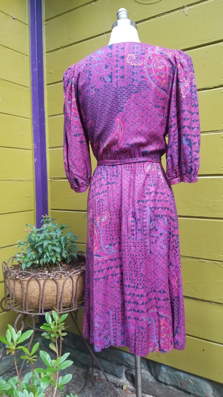 Gorgeous Fushia Paisley 80s 1980s Puff Sleeve Dress Boho Glam | Etsy