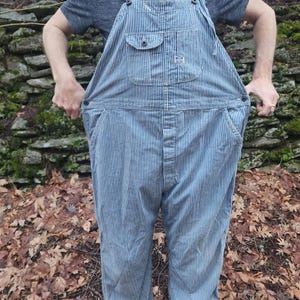 May include: Blue and white striped overalls with adjustable straps, a bib pocket, and side pockets. The workwear-style overalls are made of a durable fabric and are worn with a gray t-shirt.