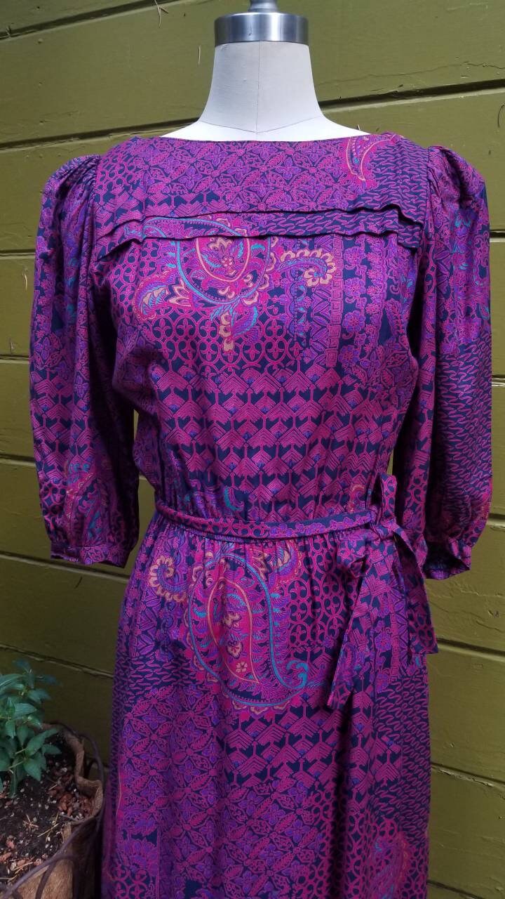 Gorgeous Fushia Paisley 80s 1980s Puff Sleeve Dress Boho Glam | Etsy