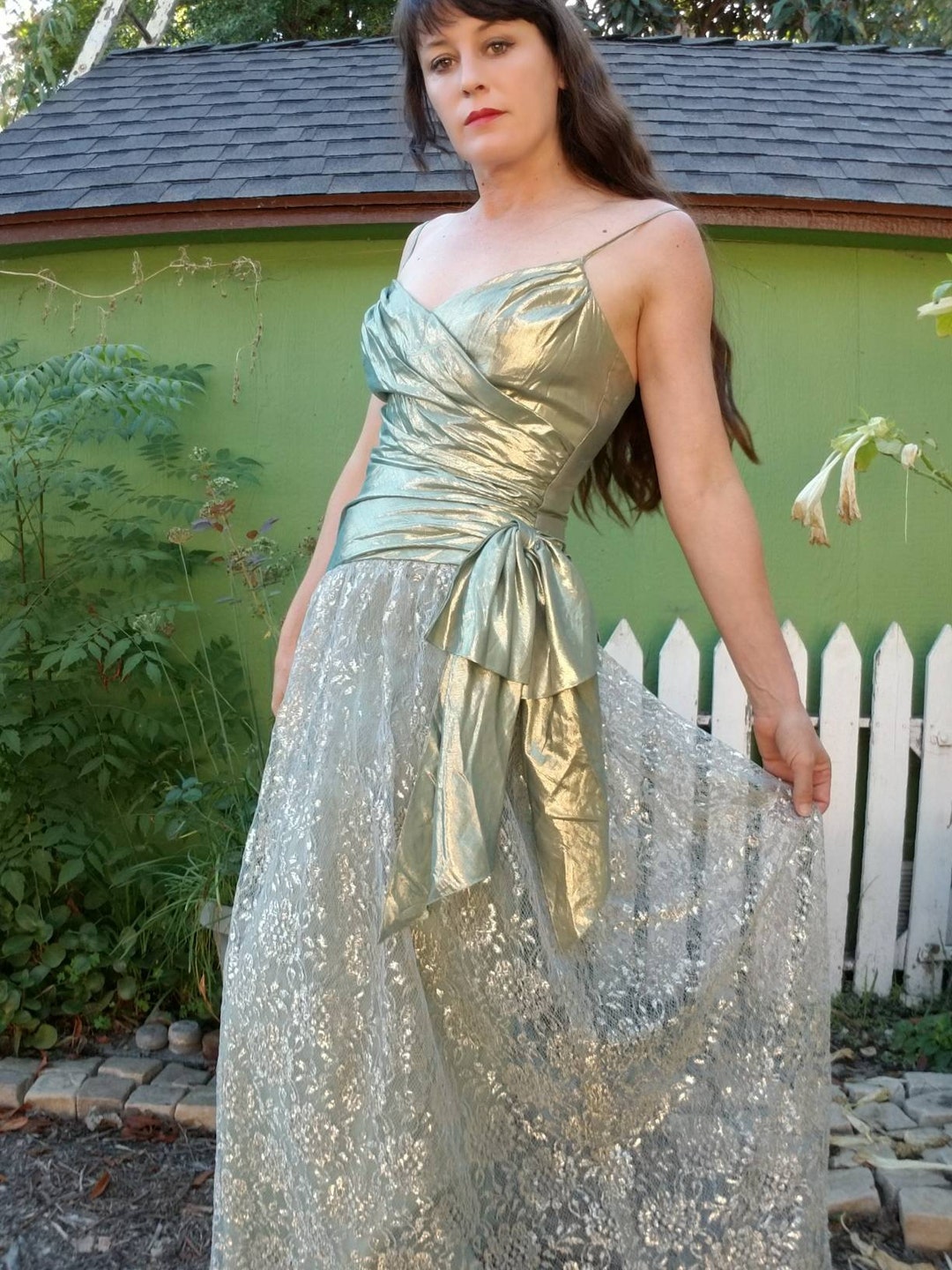 1981 prom dresses Amazing 80s 1980s Does 50s Prom Dress Gown Lurex Metallic Lame Pinup  Bombshell Designer Lillie Rubin Lee Jordan Mermaid Statue Lace Aqua