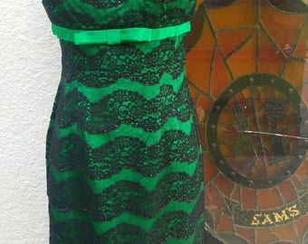 fabulous green satin and black lace 50s wiggle dress designer 1950s bombshell pinup evening gown Norma Morgan