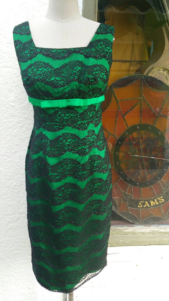 fabulous green satin and black lace 50s wiggle dre