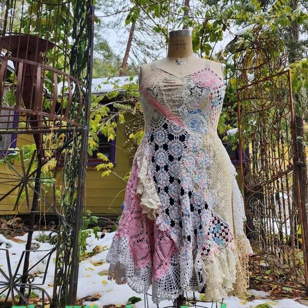 The Window Lady patchwork pastel doily lace romantic dress bridal volup curvy 16 ooak wearable art flapper gown wedding bridal collage