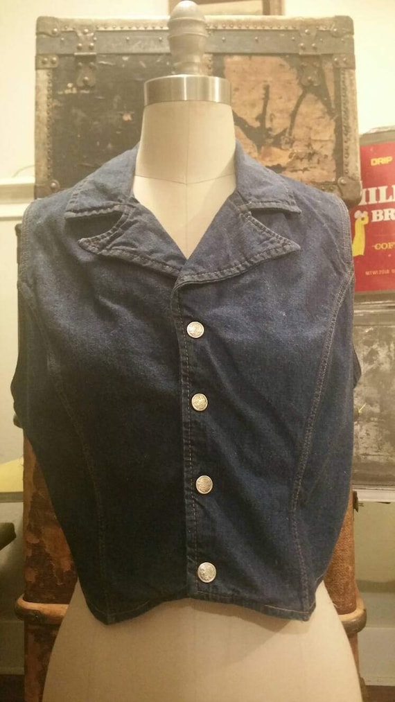 70s denim vest with collar western indigo large b… - image 1