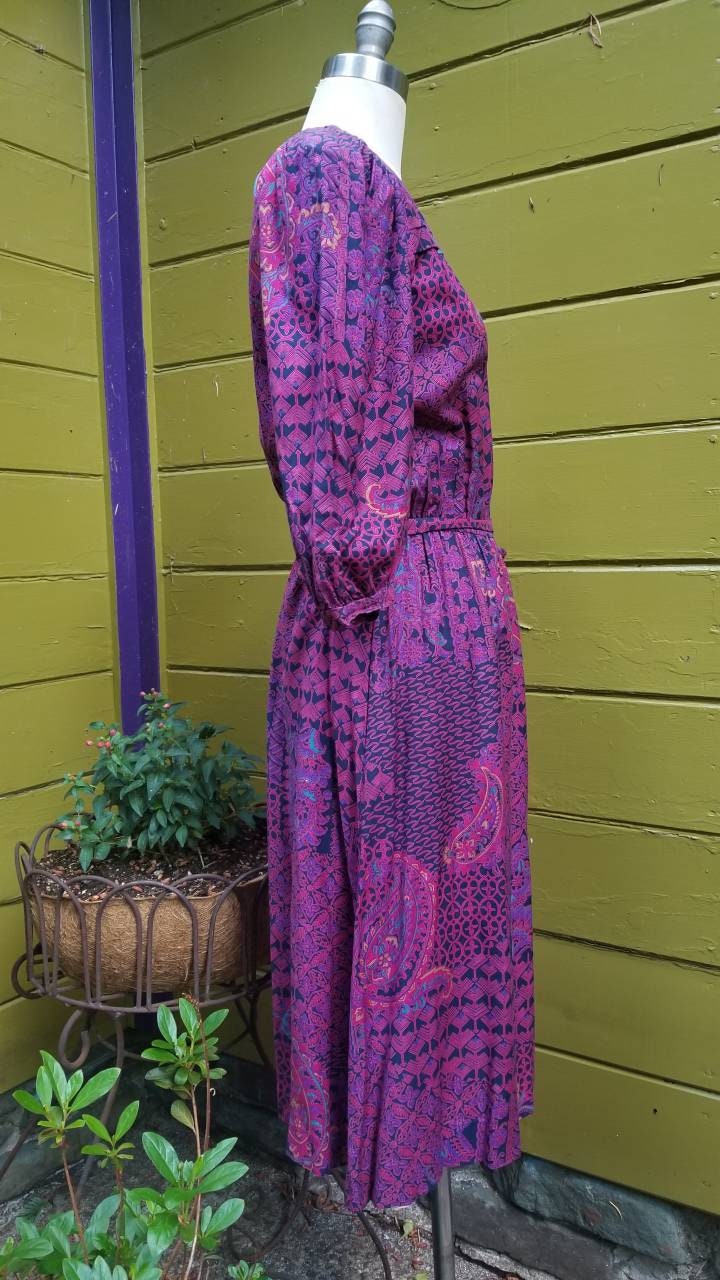 Gorgeous Fushia Paisley 80s 1980s Puff Sleeve Dress Boho Glam | Etsy