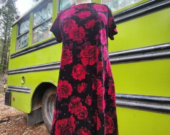 90s 1990s rose print floral velvet rhinestone dress designer john roberts