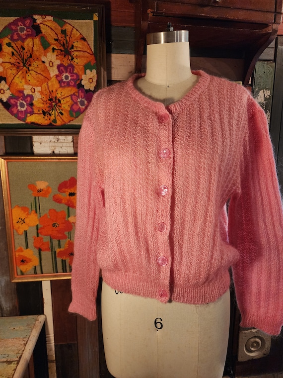 1950s 50s hand knit cardigan mohair pink sweater r