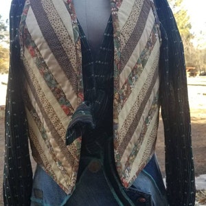 Patchwork quilted 1970s 70s vest cottage core calico gunne sax style brown earthy print