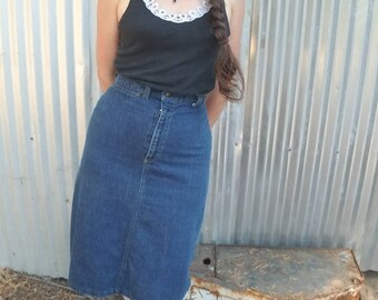 High waisted 80s 1980s late 70s 1970s denim jeans pencil skirt with pockets waist 26"