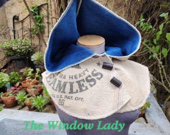 The Window Lady upcycled patchwork hooded capelet cape hood canvas feed sack antique primitive textile collage denim ooak festival