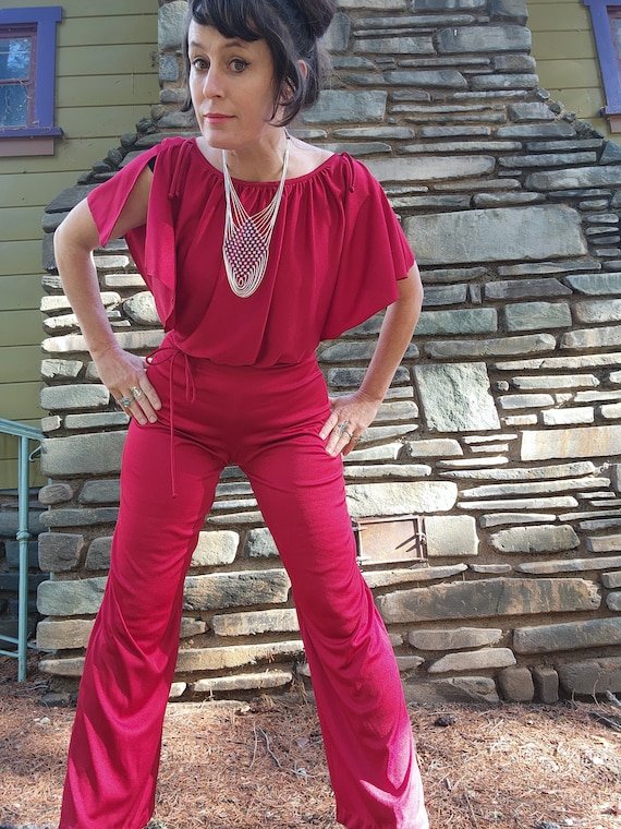 Red cold slit sleeve 70s 1970s jumpsuit disco awe… - image 7